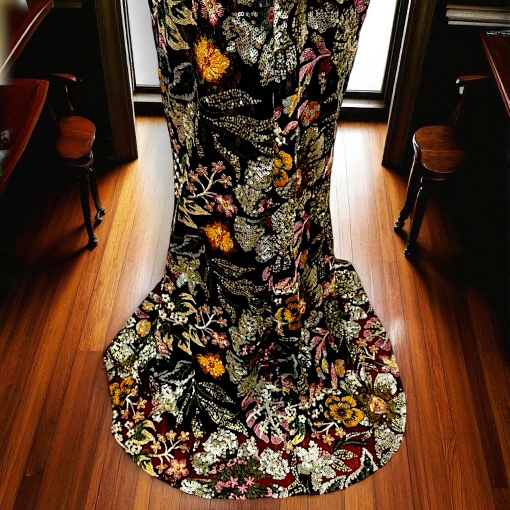 Mac Duggal Green, Black and Orange Tropical and Floral Sequin, Backless Dress - Picture 10 of 11